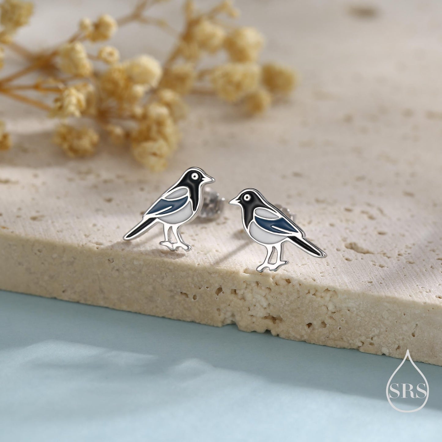 Sterling Silver Magpie Bird Stud Earrings with Enamel, Magpie Bird Earrings, Nature Inspired Animal Earrings, Magpie Stud