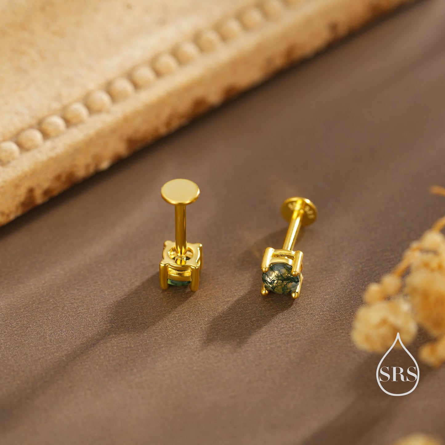 Natural Moss Agate Internally Threaded Flat Back Earrings in Sterling Silver, 4mm 5mm and 6mm, Genuine Moss Agate Gemstone Stud