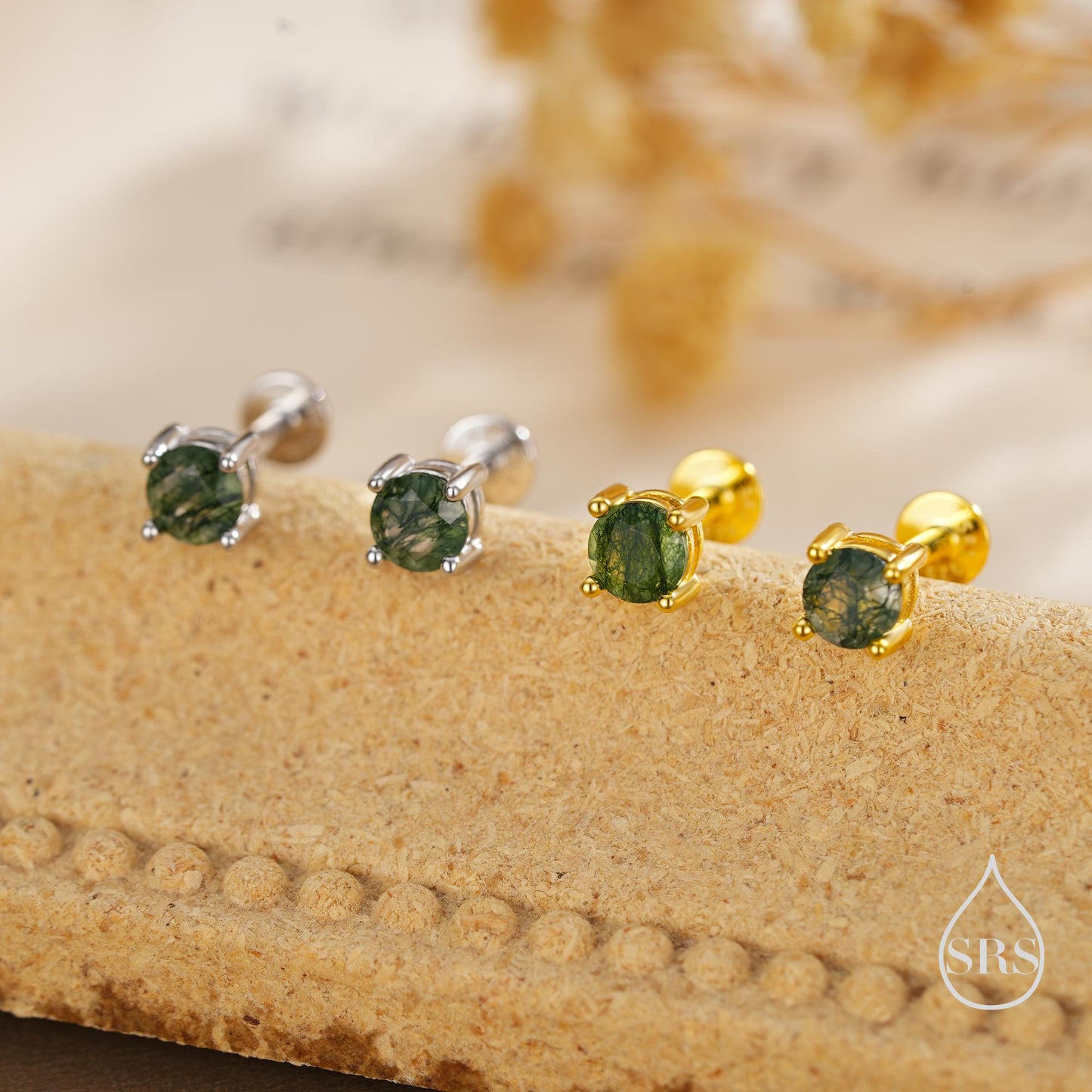 Natural Moss Agate Internally Threaded Flat Back Earrings in Sterling Silver, 4mm 5mm and 6mm, Genuine Moss Agate Gemstone Stud