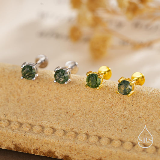 Natural Moss Agate Internally Threaded Flat Back Earrings in Sterling Silver, 4mm 5mm and 6mm, Genuine Moss Agate Gemstone Stud