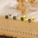 Natural Moss Agate Internally Threaded Flat Back Earrings in Sterling Silver, 4mm 5mm and 6mm, Genuine Moss Agate Gemstone Stud