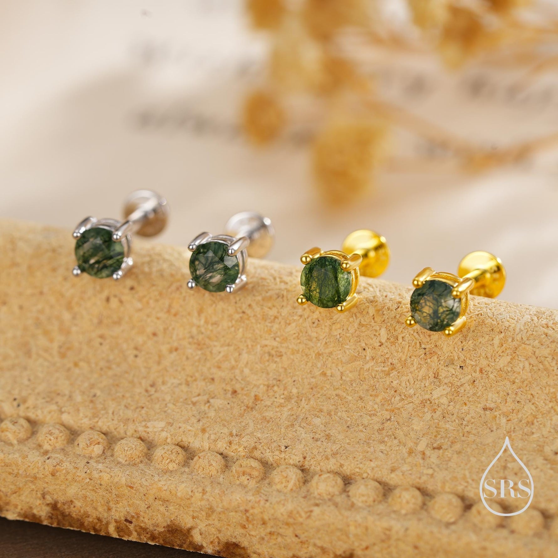 Natural Moss Agate Internally Threaded Flat Back Earrings in Sterling Silver, 4mm 5mm and 6mm, Genuine Moss Agate Gemstone Stud