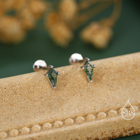 Natural Kite Cut Moss Agate Internally Threaded Flat Back Earrings in Sterling Silver, Rhombus Shape Genuine Moss Agate Gemstone Stud