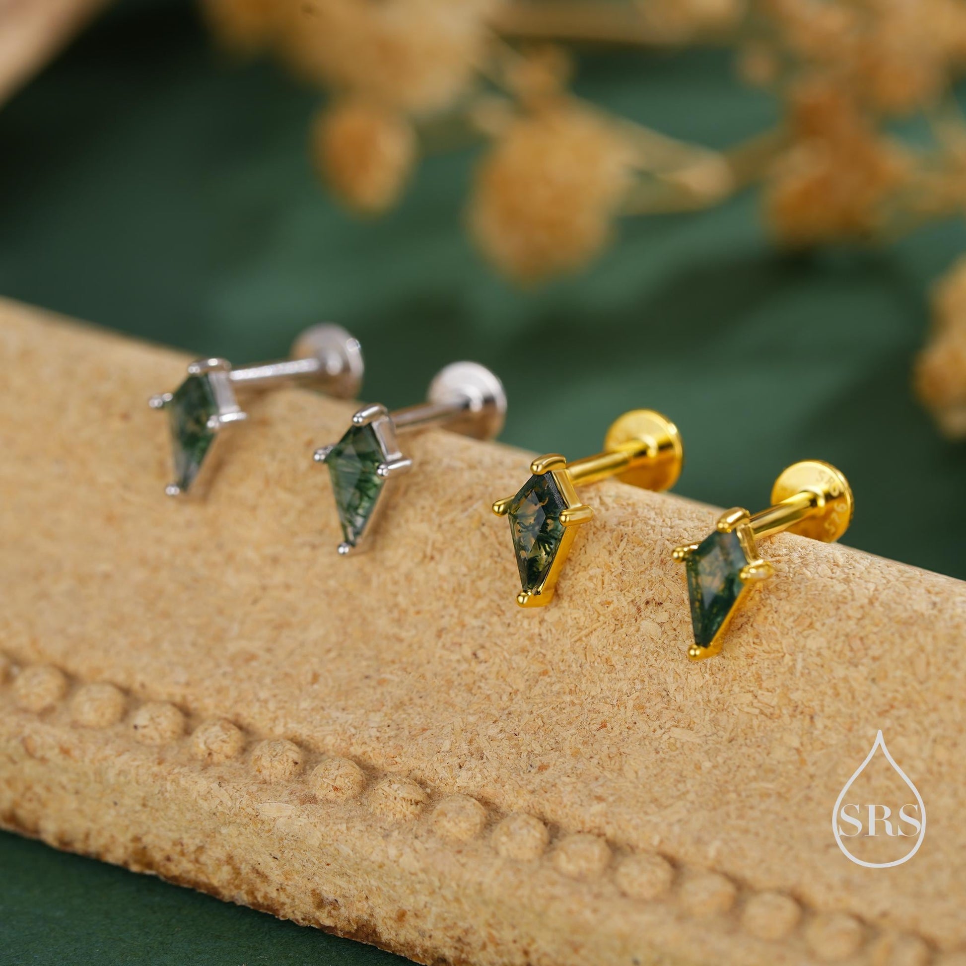 Natural Kite Cut Moss Agate Internally Threaded Flat Back Earrings in Sterling Silver, Rhombus Shape Genuine Moss Agate Gemstone Stud