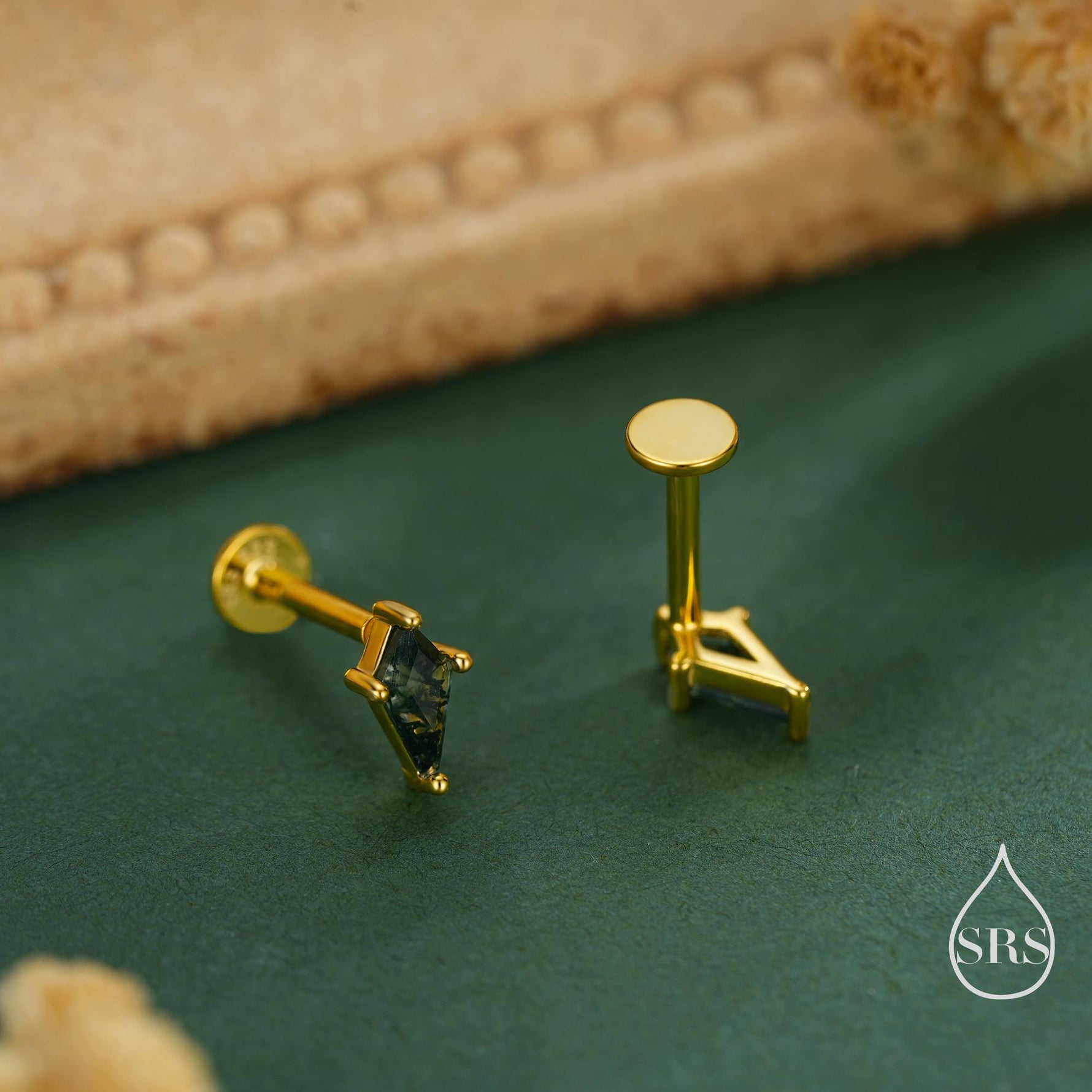 Natural Kite Cut Moss Agate Internally Threaded Flat Back Earrings in Sterling Silver, Rhombus Shape Genuine Moss Agate Gemstone Stud