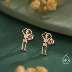 Sterling Silver Skeleton Stud Earrings - Heart Over Head Pose – Silver, Gold, or Rose Gold Finish, Quirky Gothic Jewellery, Halloween Theme