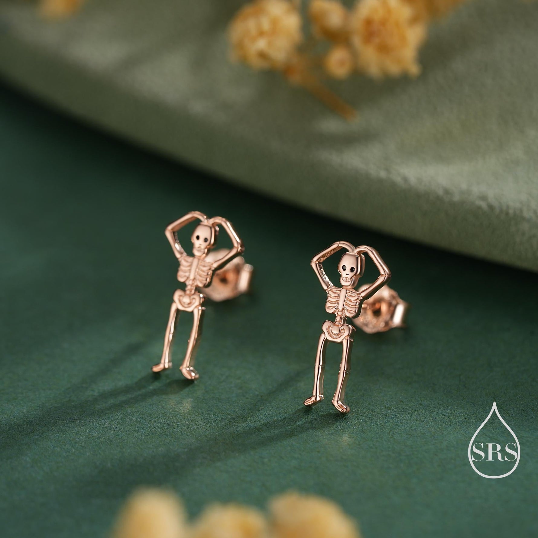 Sterling Silver Skeleton Stud Earrings - Heart Over Head Pose – Silver, Gold, or Rose Gold Finish, Quirky Gothic Jewellery, Halloween Theme