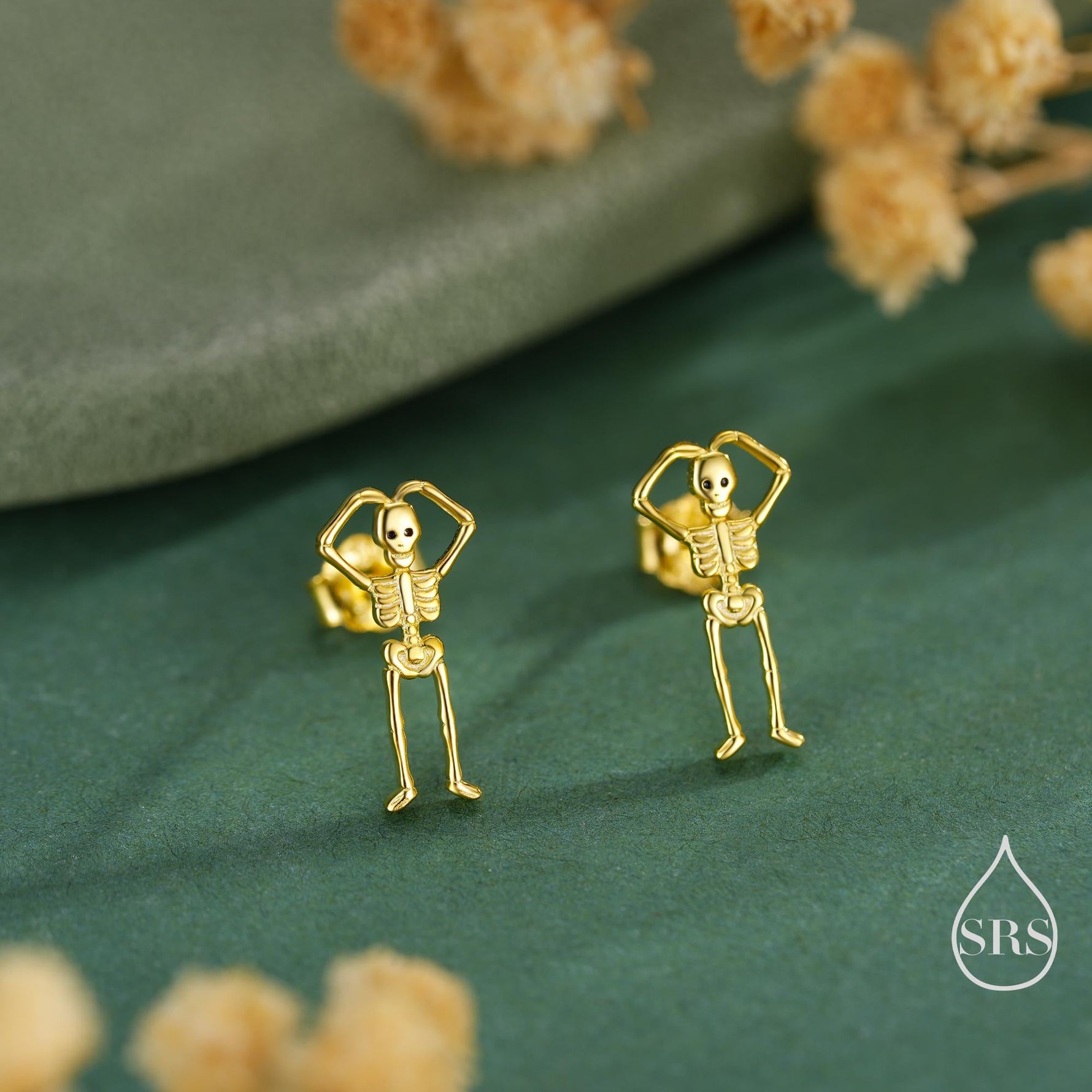 Sterling Silver Skeleton Stud Earrings - Heart Over Head Pose – Silver, Gold, or Rose Gold Finish, Quirky Gothic Jewellery, Halloween Theme