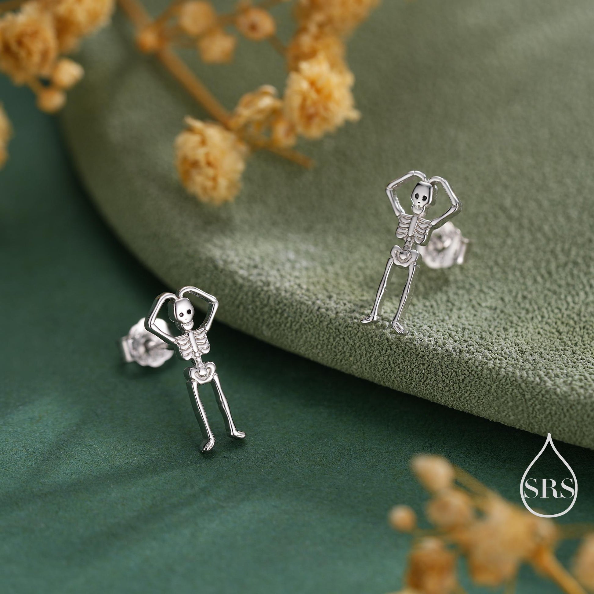 Sterling Silver Skeleton Stud Earrings - Heart Over Head Pose – Silver, Gold, or Rose Gold Finish, Quirky Gothic Jewellery, Halloween Theme