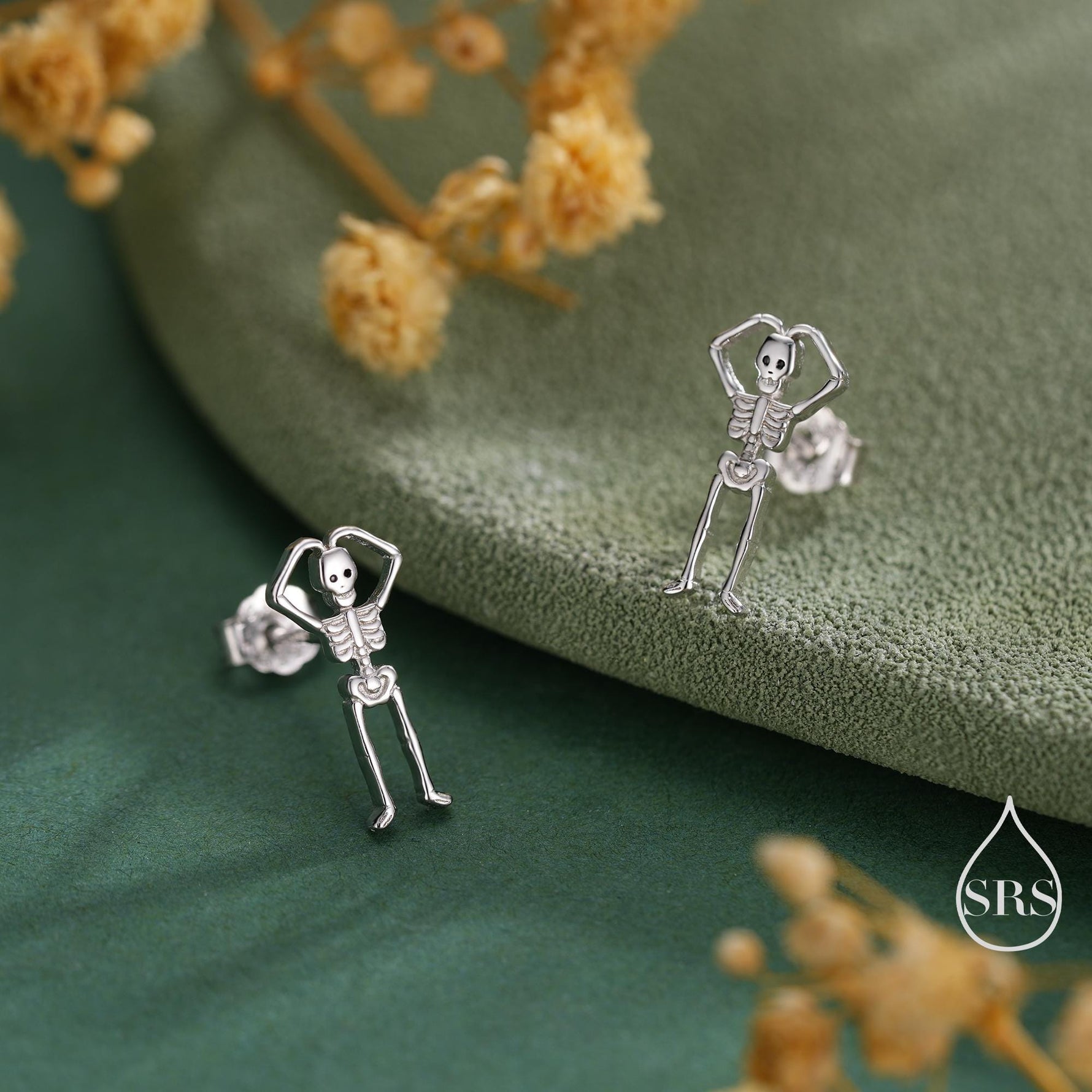 Sterling Silver Skeleton Stud Earrings - Heart Over Head Pose – Silver, Gold, or Rose Gold Finish, Quirky Gothic Jewellery, Halloween Theme