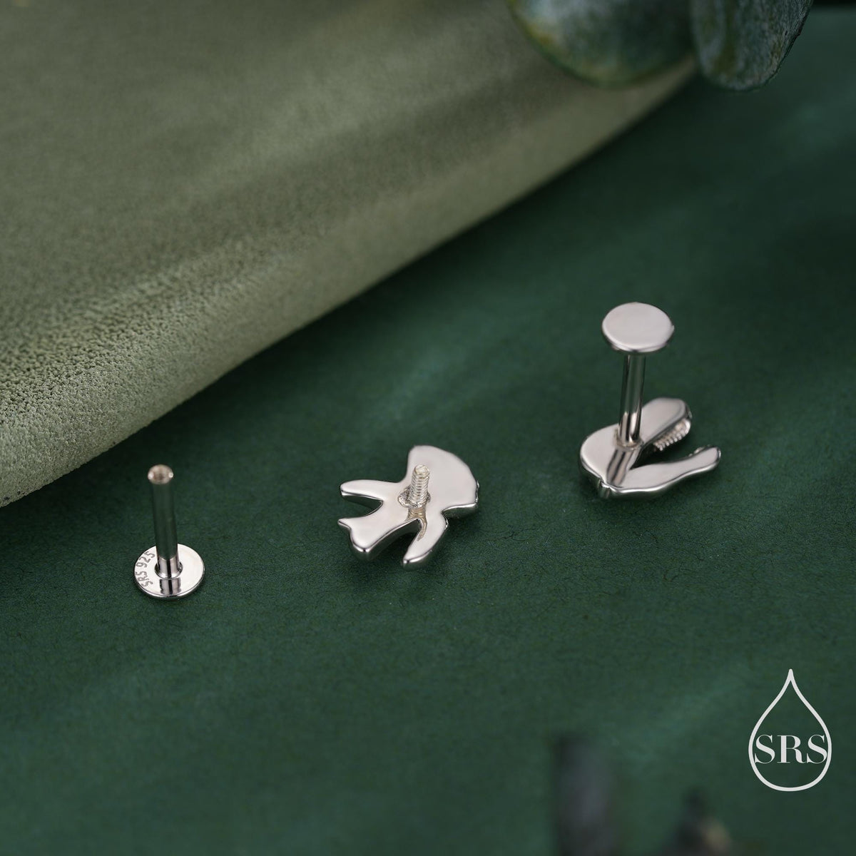 Mismatched Dinosaur Fossil 16G Internally Threaded Flat Back Earrings in Sterling Silver, Animal Earrings