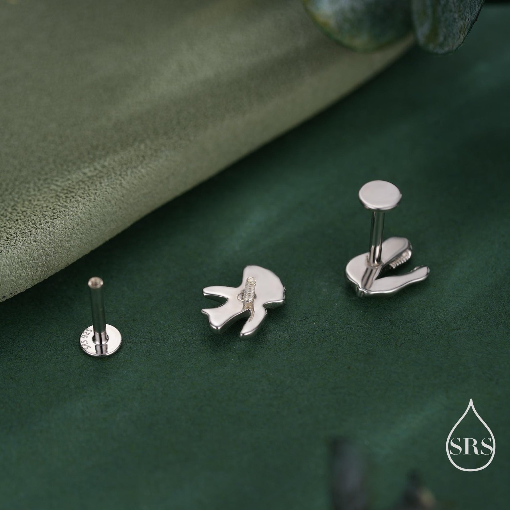 Mismatched Dinosaur Fossil 16G Internally Threaded Flat Back Earrings in Sterling Silver, Animal Earrings