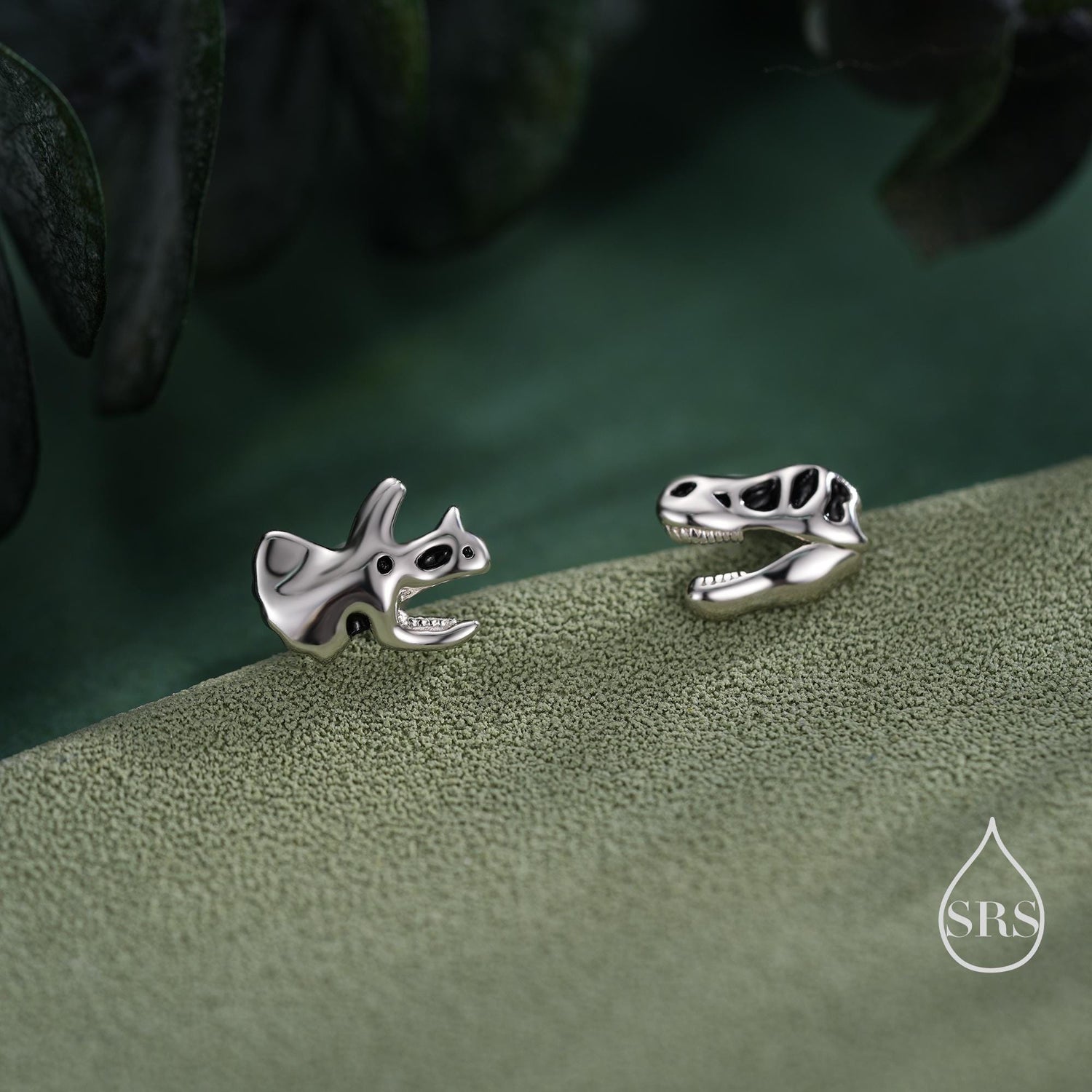 Mismatched Dinosaur Fossil Stud Earrings in Sterling Silver, Oxidised Finish