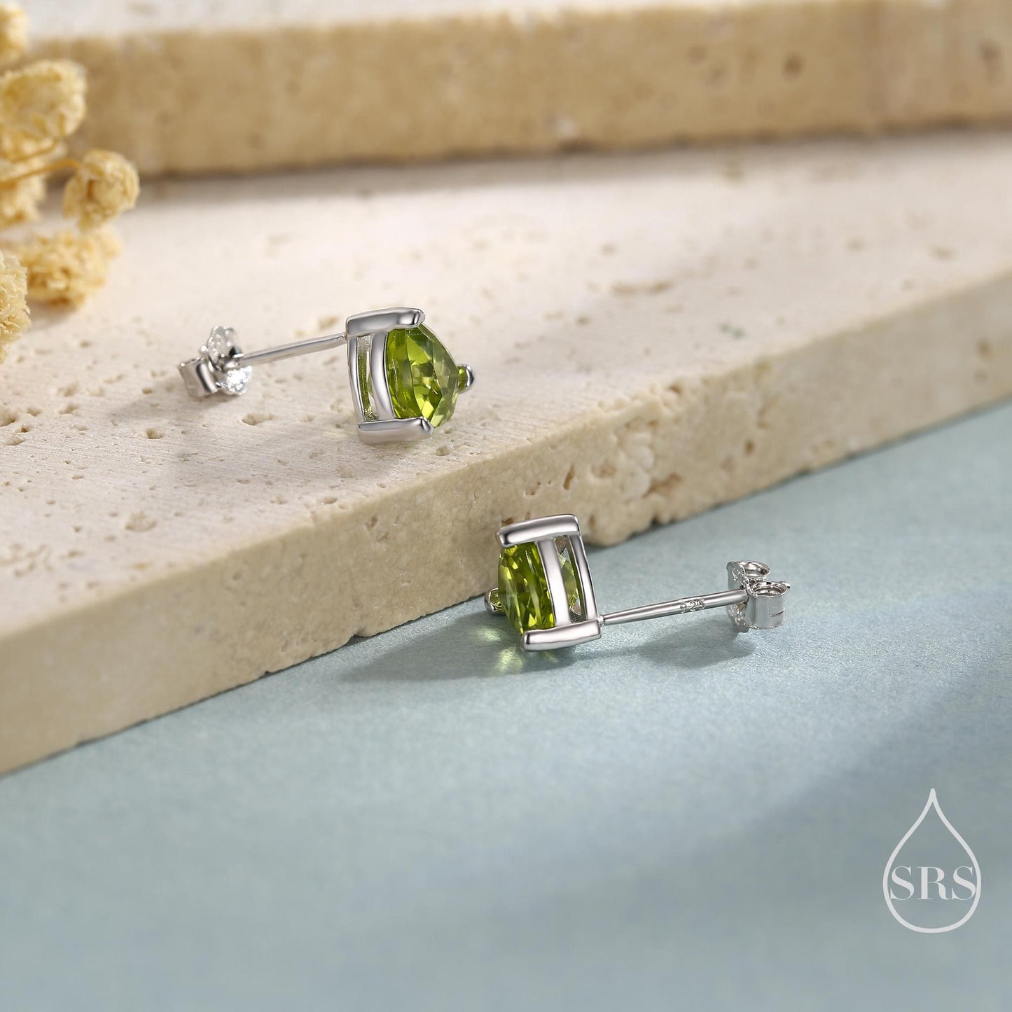 Genuine Peridot Trillion Cut Stud Earrings in Sterling Silver, 6mm Trillion Cut, Large Peridot Stud Earrings, Natural and Untreated