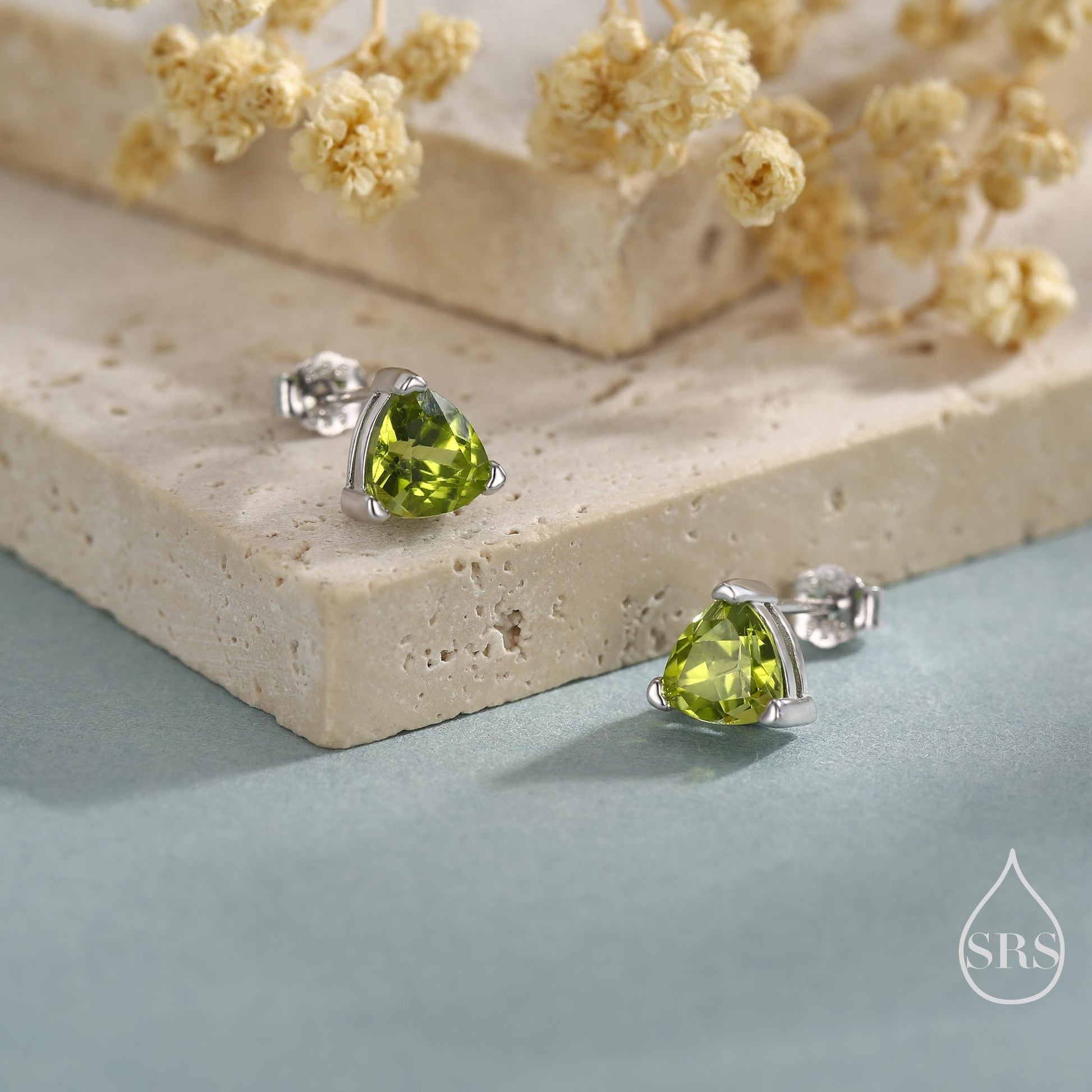 Genuine Peridot Trillion Cut Stud Earrings in Sterling Silver, 6mm Trillion Cut, Large Peridot Stud Earrings, Natural and Untreated