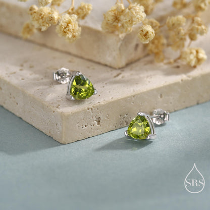 Genuine Peridot Trillion Cut Stud Earrings in Sterling Silver, 6mm Trillion Cut, Large Peridot Stud Earrings, Natural and Untreated