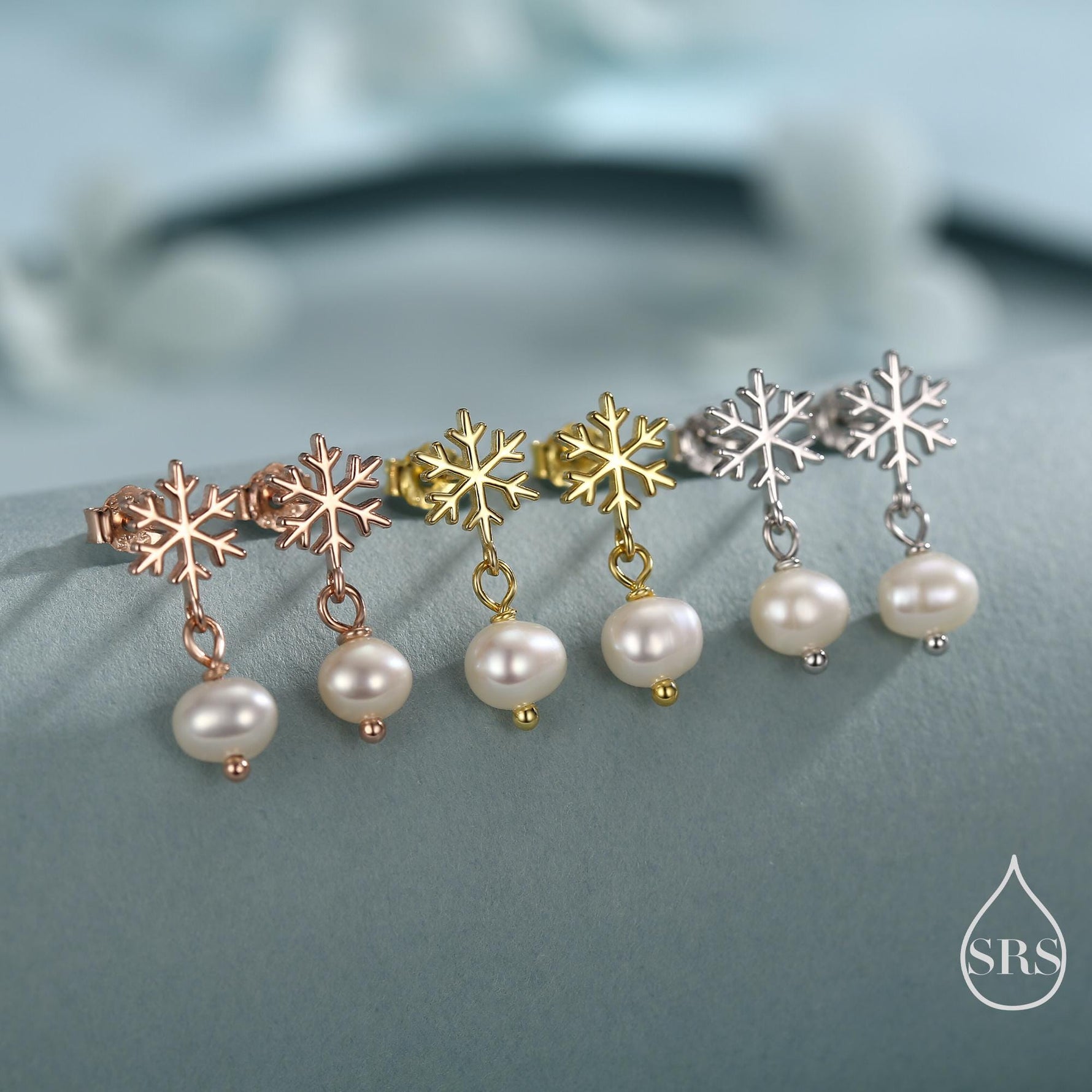 Snowflake and Natural Pearl Stud Earrings in Sterling Silver, Snow with Irregular Shape Pearls Earrings, Snowflake Earrings