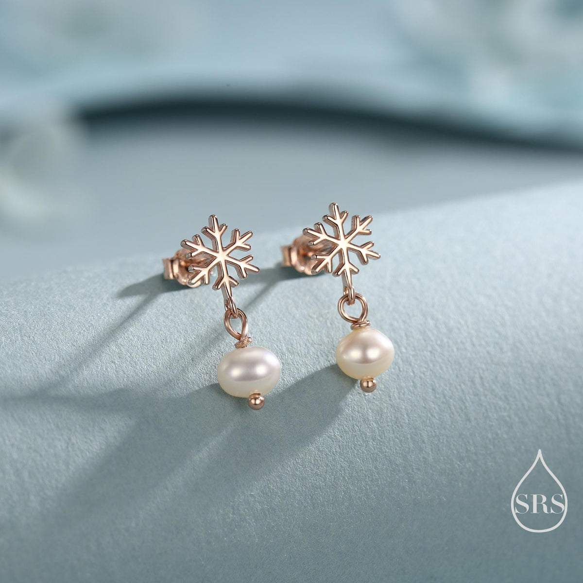 Snowflake and Natural Pearl Stud Earrings in Sterling Silver, Snow with Irregular Shape Pearls Earrings, Snowflake Earrings