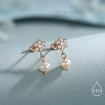 Snowflake and Natural Pearl Stud Earrings in Sterling Silver, Snow with Irregular Shape Pearls Earrings, Snowflake Earrings