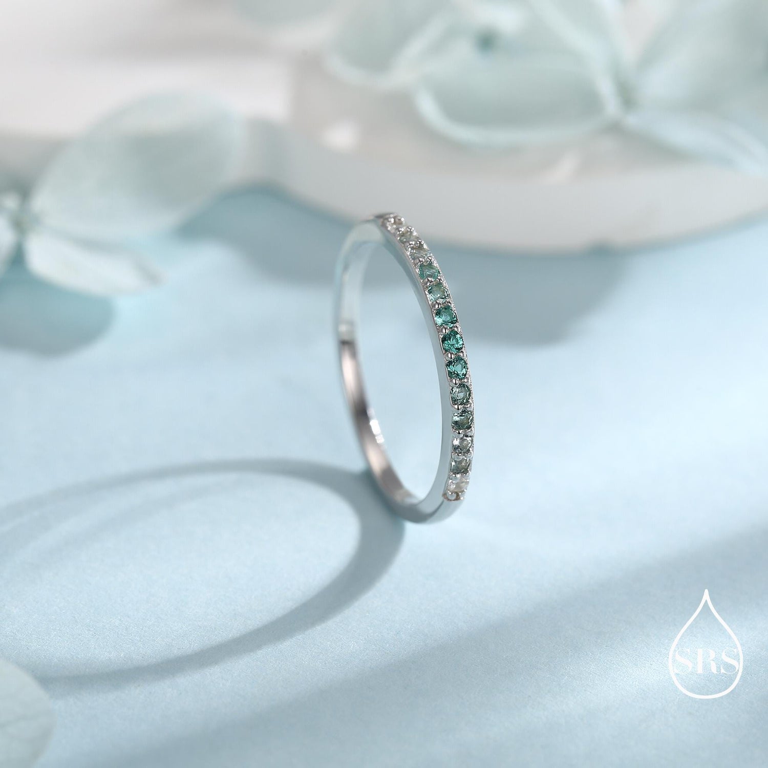 Emerald Green Ombre Half Eternity Ring in Sterling Silver, Silver or Gold, Green CZ Skinny Ring, Minimalist Stacking Ring US 5 - 8