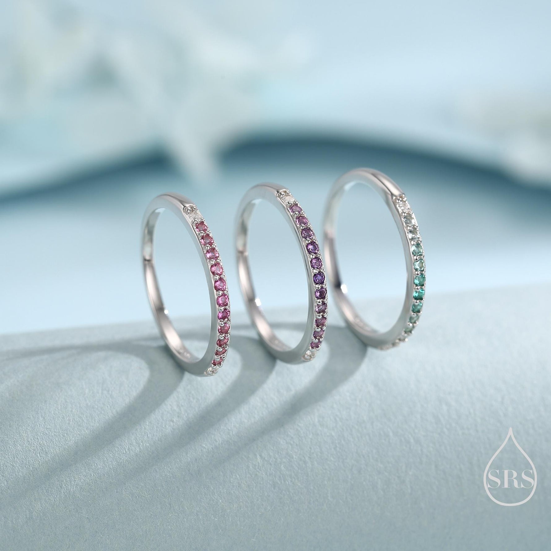 Ombre Half Eternity Ring in Sterling Silver, Silver or Gold, Gradient Colour CZ Skinny Ring, Minimalist Stacking Ring US 5 - 8