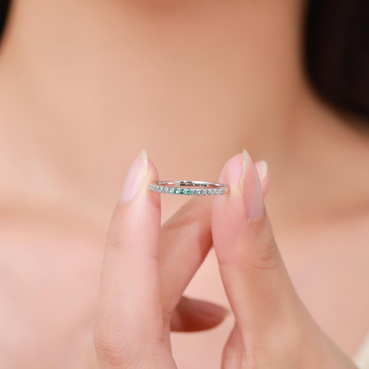 Ombre Half Eternity Ring in Sterling Silver, Silver or Gold, Gradient Colour CZ Skinny Ring, Minimalist Stacking Ring US 5 - 8