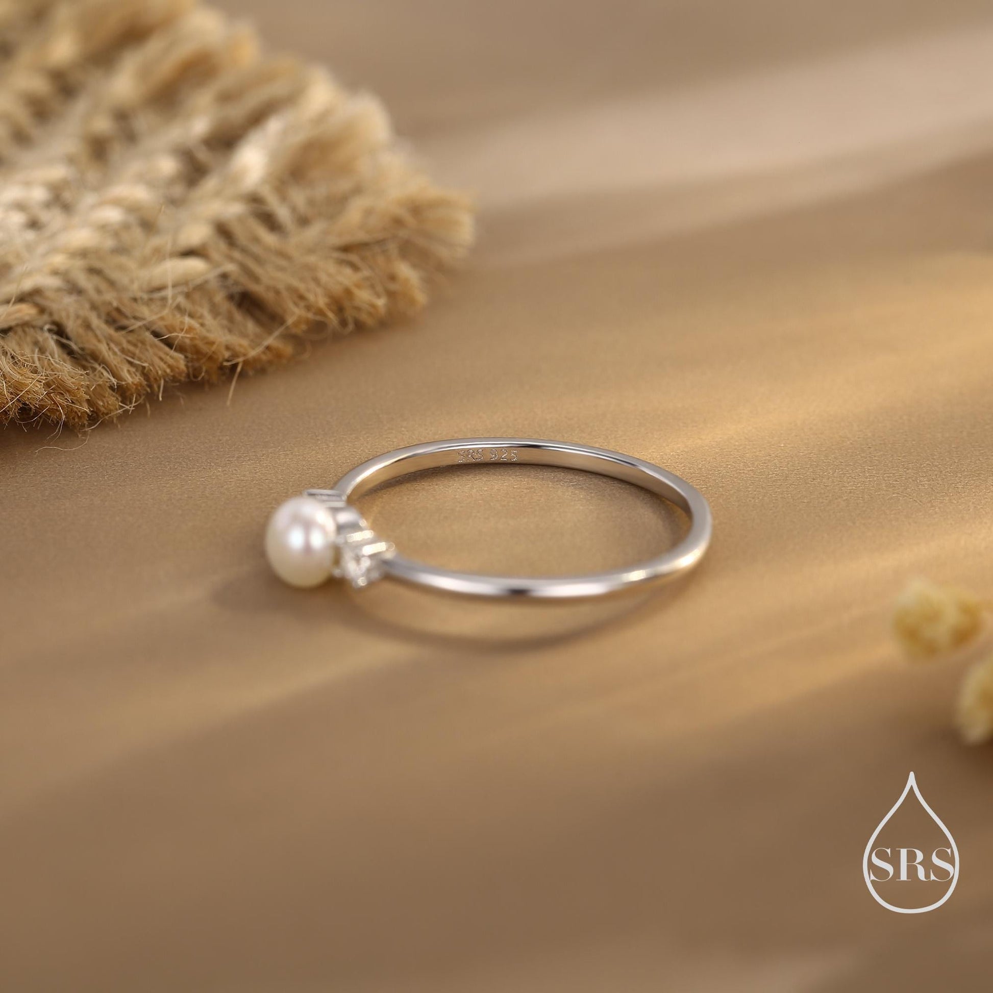 Genuine Freshwater Pearl and CZ Ring in Sterling Silver, Natural Pearl Ring, Real Pearl Ring in US 5 - 8