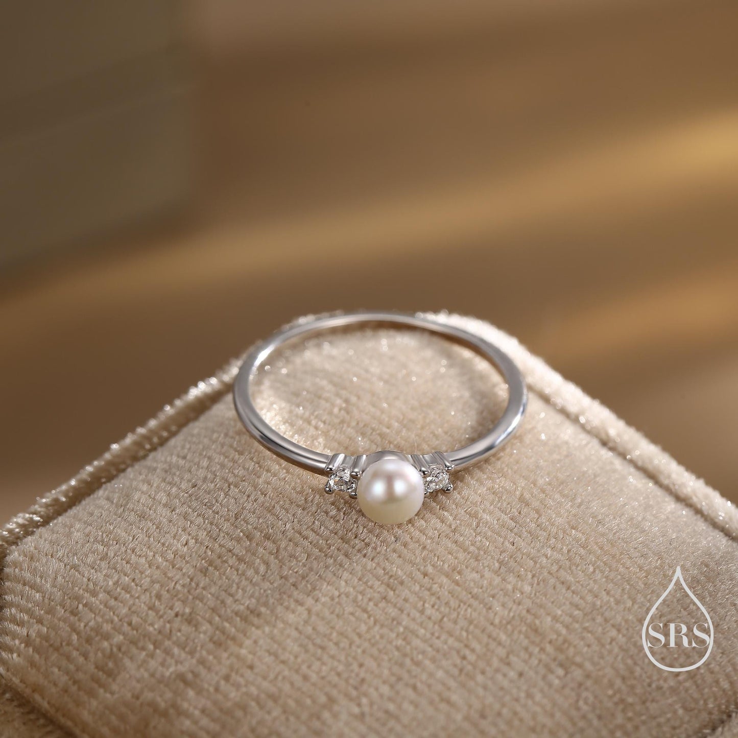 Genuine Freshwater Pearl and CZ Ring in Sterling Silver, Natural Pearl Ring, Real Pearl Ring in US 5 - 8