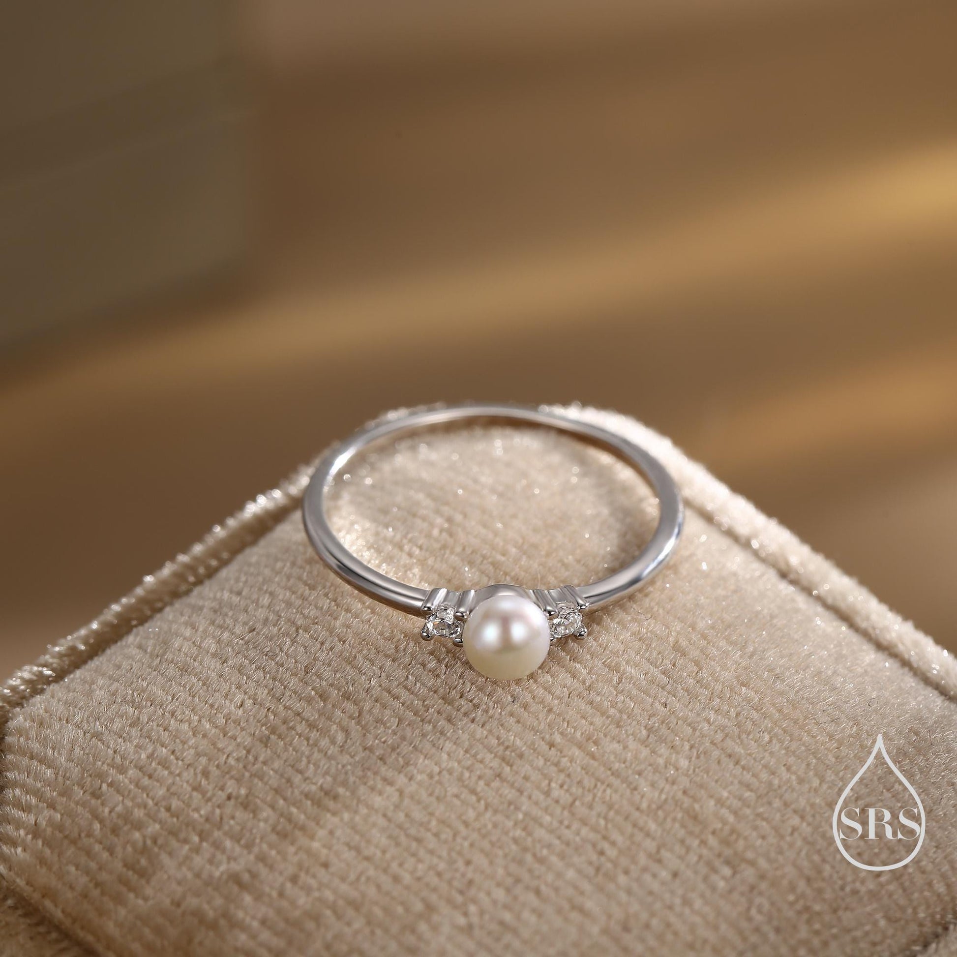 Genuine Freshwater Pearl and CZ Ring in Sterling Silver, Natural Pearl Ring, Real Pearl Ring in US 5 - 8