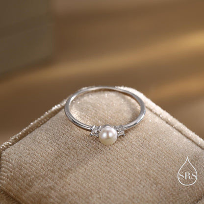 Genuine Freshwater Pearl and CZ Ring in Sterling Silver, Natural Pearl Ring, Real Pearl Ring in US 5 - 8