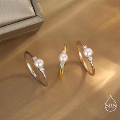 Genuine Freshwater Pearl and CZ Ring in Sterling Silver, Natural Pearl Ring, Real Pearl Ring in US 5 - 8