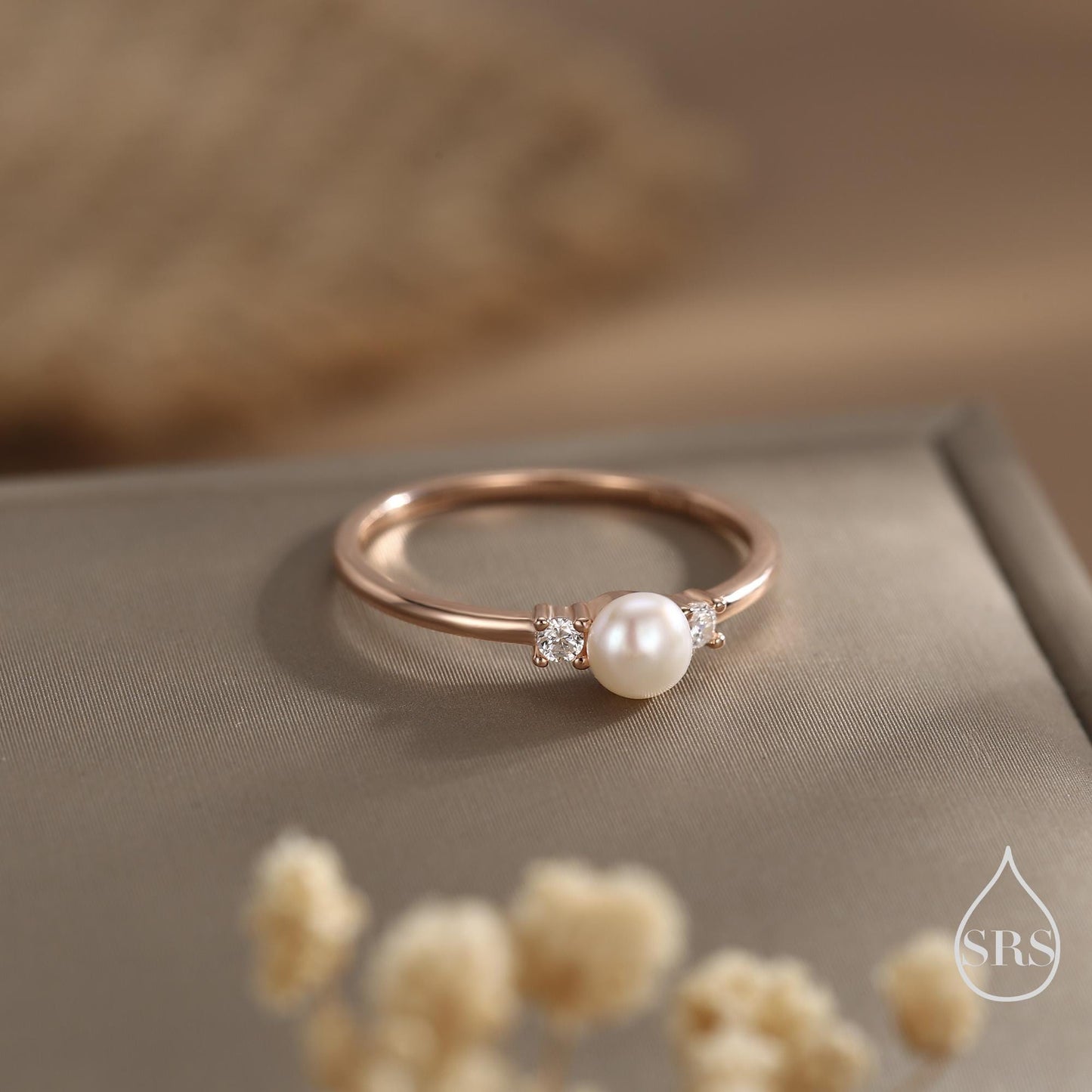 Genuine Freshwater Pearl and CZ Ring in Sterling Silver, Natural Pearl Ring, Real Pearl Ring in US 5 - 8