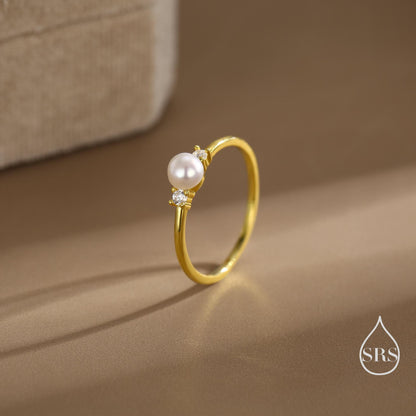 Genuine Freshwater Pearl and CZ Ring in Sterling Silver, Natural Pearl Ring, Real Pearl Ring in US 5 - 8