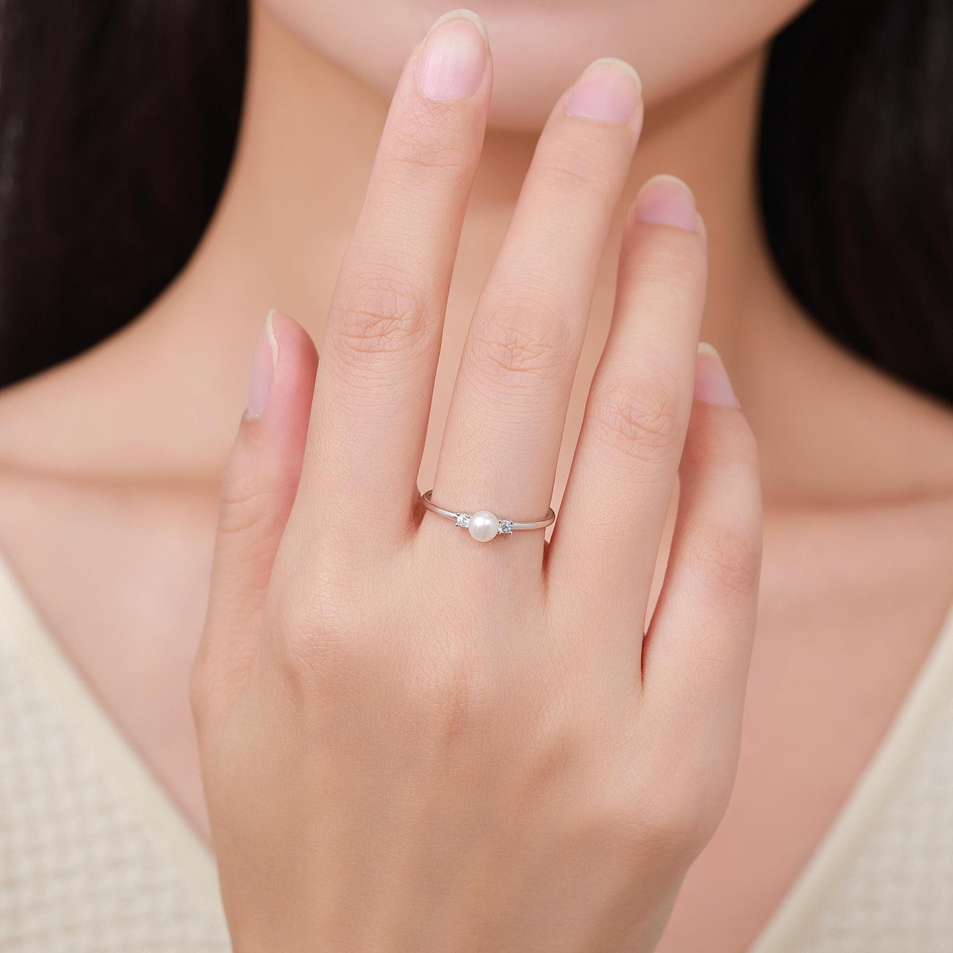 Genuine Freshwater Pearl and CZ Ring in Sterling Silver, Natural Pearl Ring, Real Pearl Ring in US 5 - 8