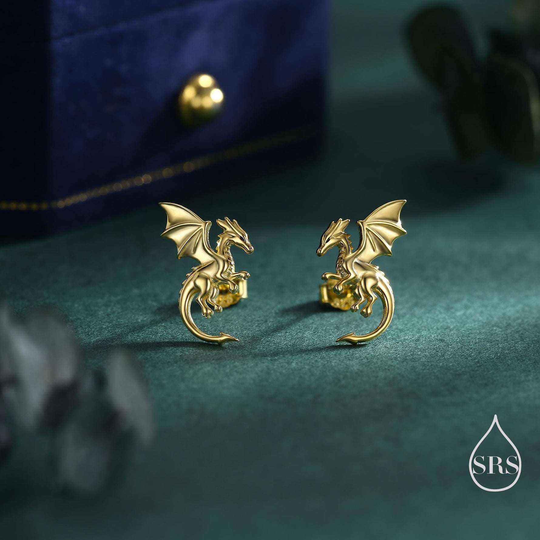 Dragon with Wings Stud Earrings in Sterling Silver, Available in Silver, Gold or Rose Gold, Sterling Silver Dragon Earrings
