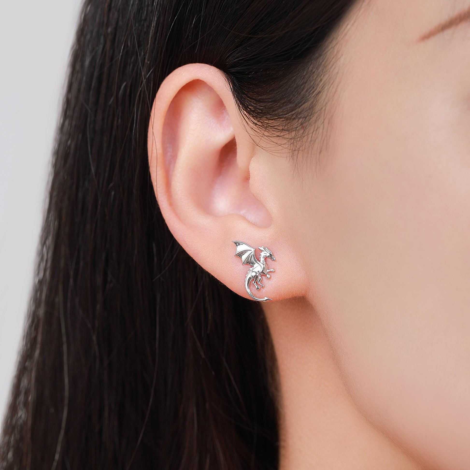 Dragon with Wings Stud Earrings in Sterling Silver, Available in Silver, Gold or Rose Gold, Sterling Silver Dragon Earrings