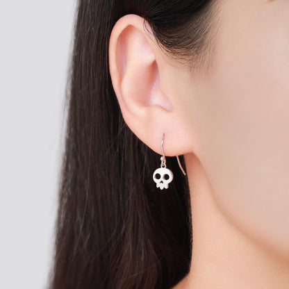 Cute Skull Drop Hook Earrings in Sterling Silver, Silver or Gold or Rose Gold, Dainty Skeleton Skull Earrings, Silver Skull Earrings