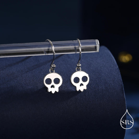 Cute Skull Drop Hook Earrings in Sterling Silver, Silver or Gold or Rose Gold, Dainty Skeleton Skull Earrings, Silver Skull Earrings