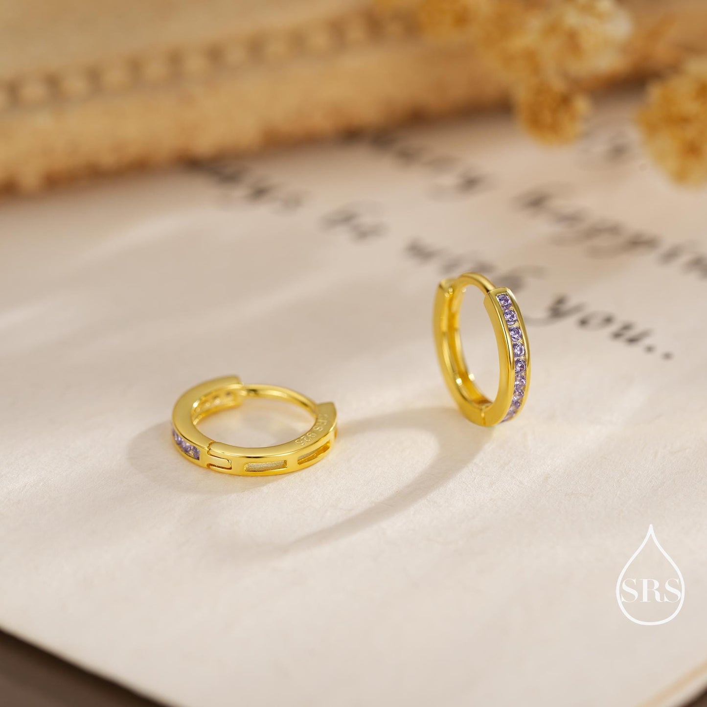 Extra Skinny Lilac Purple Amethyst CZ Huggie Hoop in Sterling Silver, Silver or Gold, 8mm Hoop Earrings, February Birthstone