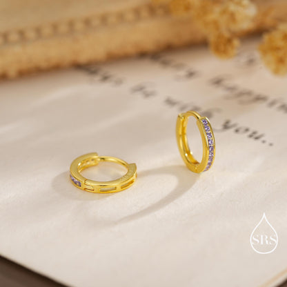 Extra Skinny Lilac Purple Amethyst CZ Huggie Hoop in Sterling Silver, Silver or Gold, 8mm Hoop Earrings, February Birthstone