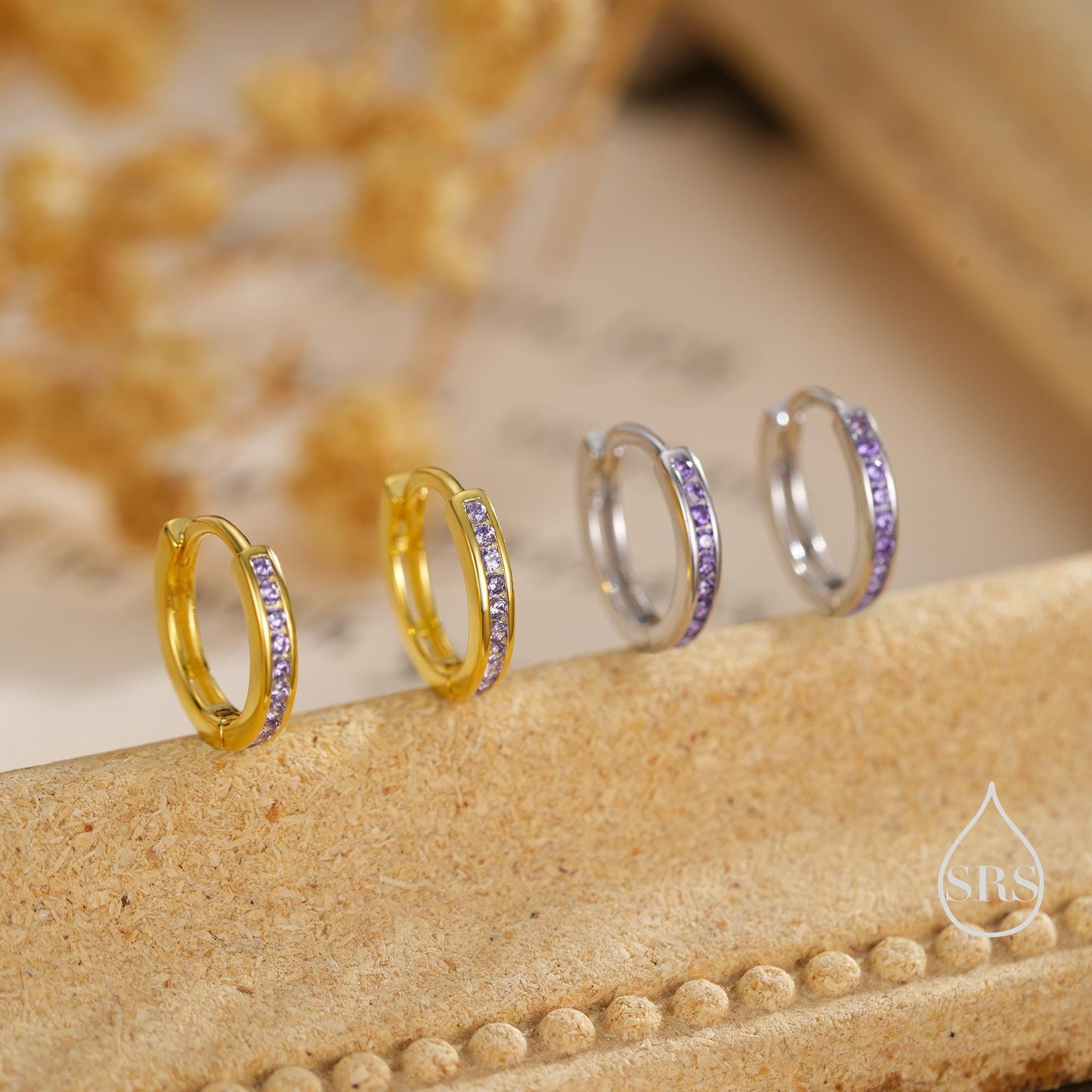 Extra Skinny Lilac Purple Amethyst CZ Huggie Hoop in Sterling Silver, Silver or Gold, 8mm Hoop Earrings, February Birthstone