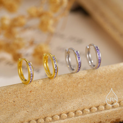 Extra Skinny Lilac Purple Amethyst CZ Huggie Hoop in Sterling Silver, Silver or Gold, 8mm Hoop Earrings, February Birthstone