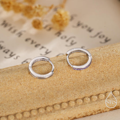 Extra Skinny Lilac Purple Amethyst CZ Huggie Hoop in Sterling Silver, Silver or Gold, 8mm Hoop Earrings, February Birthstone