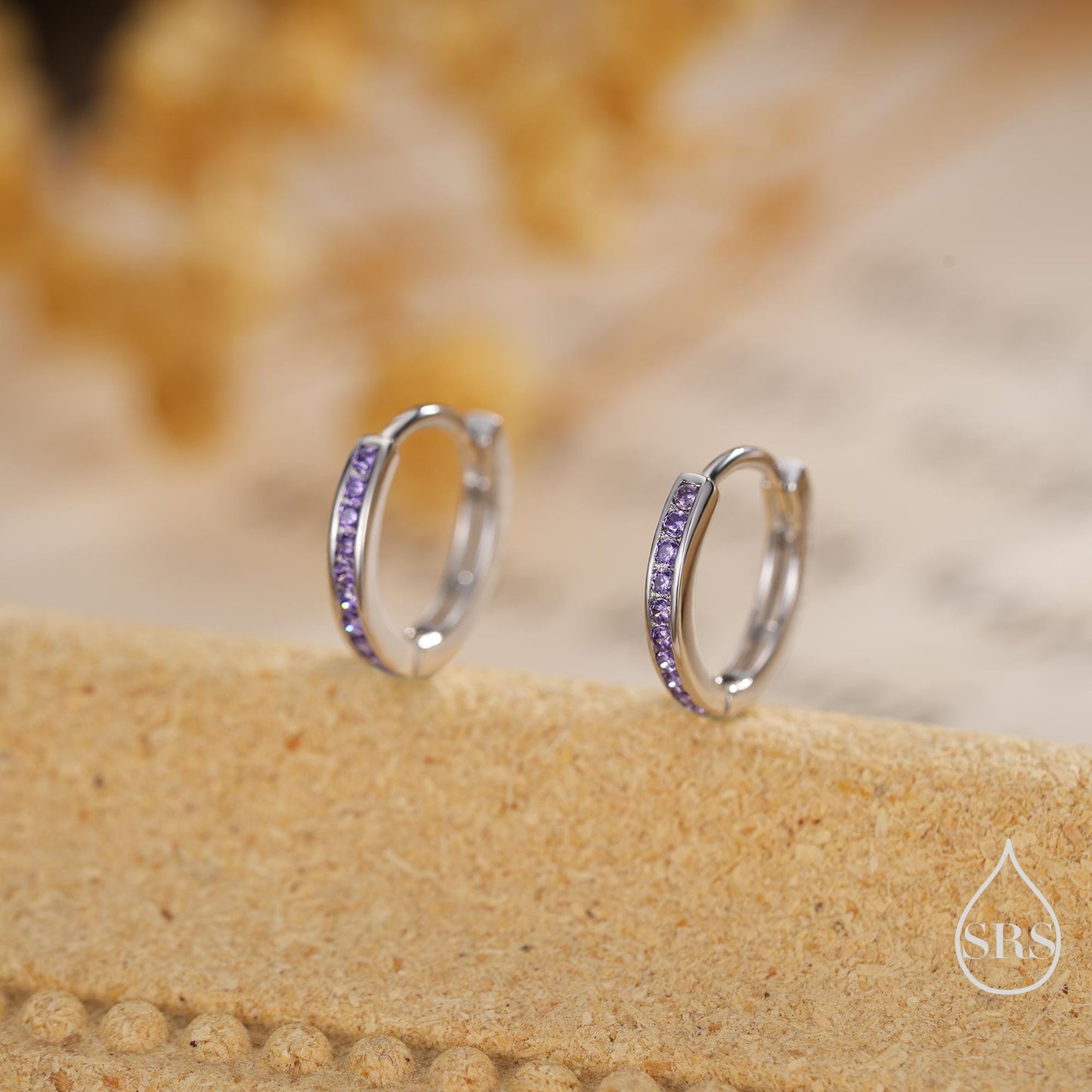 Extra Skinny Lilac Purple Amethyst CZ Huggie Hoop in Sterling Silver, Silver or Gold, 8mm Hoop Earrings, February Birthstone