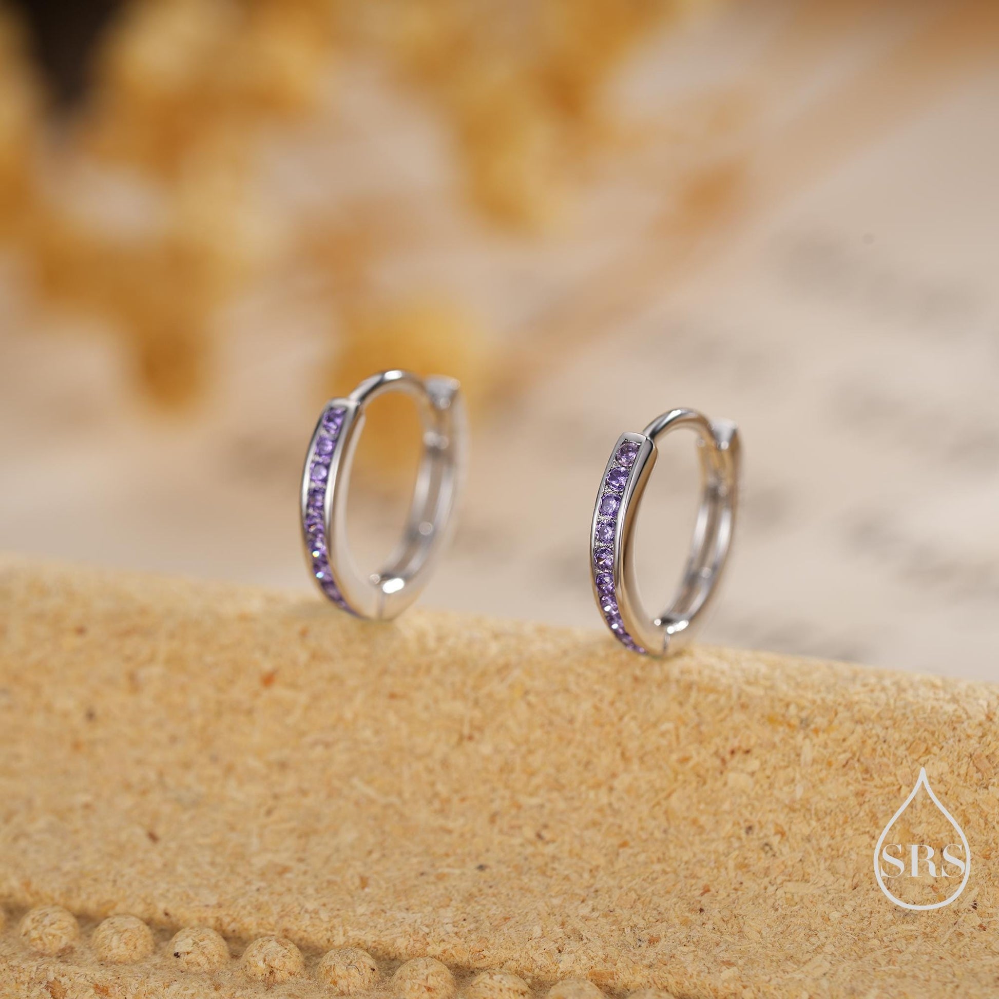 Extra Skinny Lilac Purple Amethyst CZ Huggie Hoop in Sterling Silver, Silver or Gold, 8mm Hoop Earrings, February Birthstone