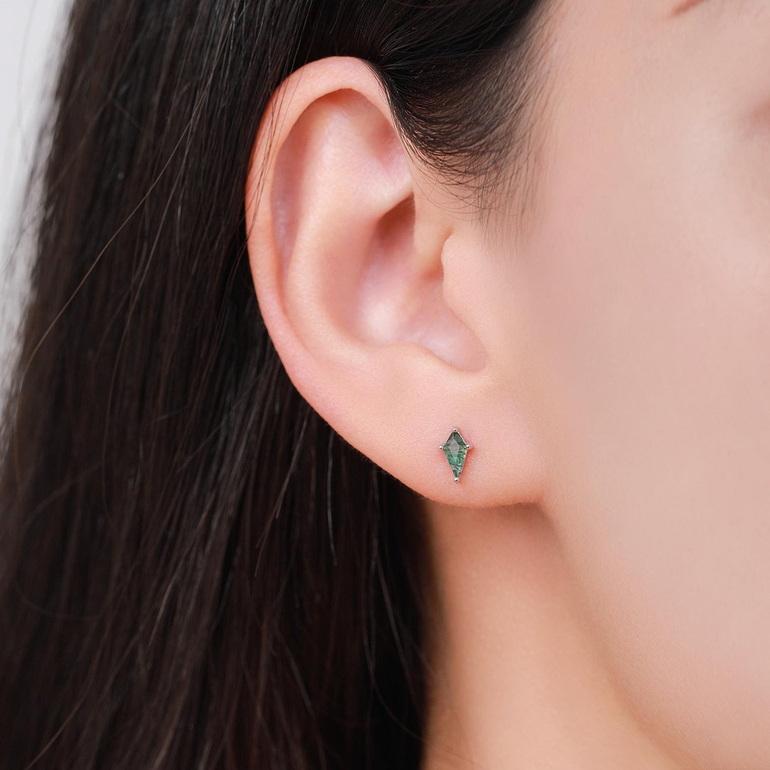 Natural Kite Cut Moss Agate Internally Threaded Flat Back Earrings in Sterling Silver, Rhombus Shape Genuine Moss Agate Gemstone Stud