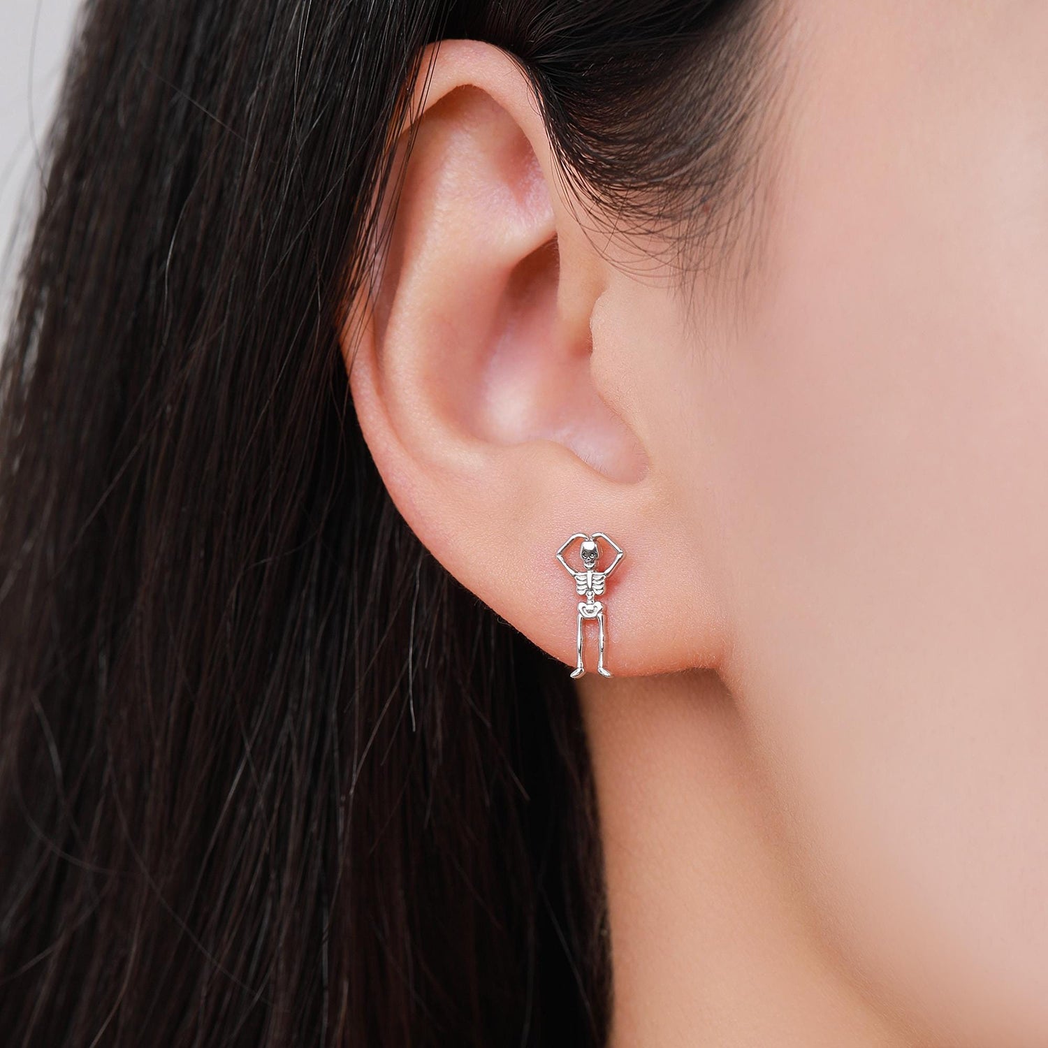 Sterling Silver Skeleton Stud Earrings - Heart Over Head Pose – Silver, Gold, or Rose Gold Finish, Quirky Gothic Jewellery, Halloween Theme