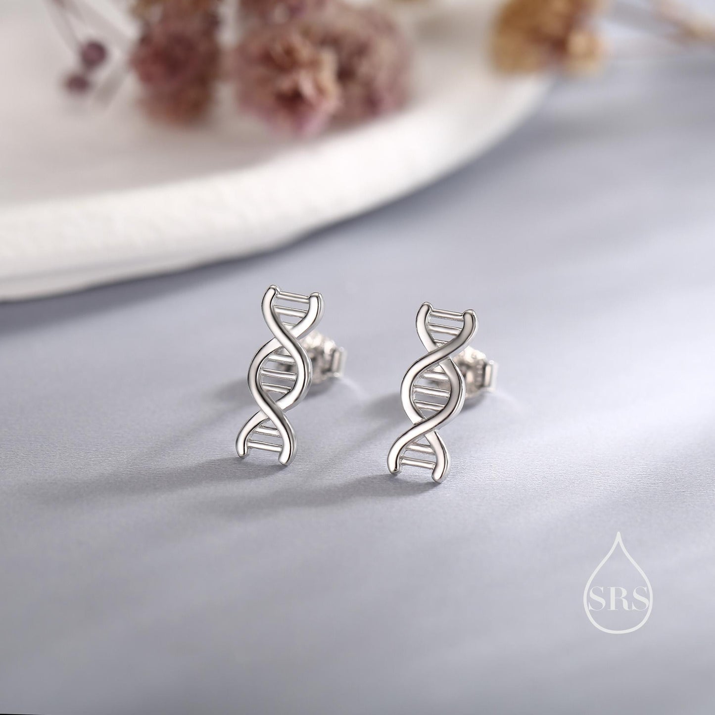 DNA Molecular Structure Stud Earrings in Sterling Silver, Available in Silver, Gold or Rose Gold Finish, Cute Fun Quirky Science Jewellery