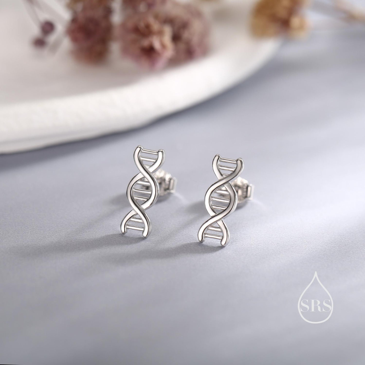 DNA Molecular Structure Stud Earrings in Sterling Silver, Available in Silver, Gold or Rose Gold Finish, Cute Fun Quirky Science Jewellery