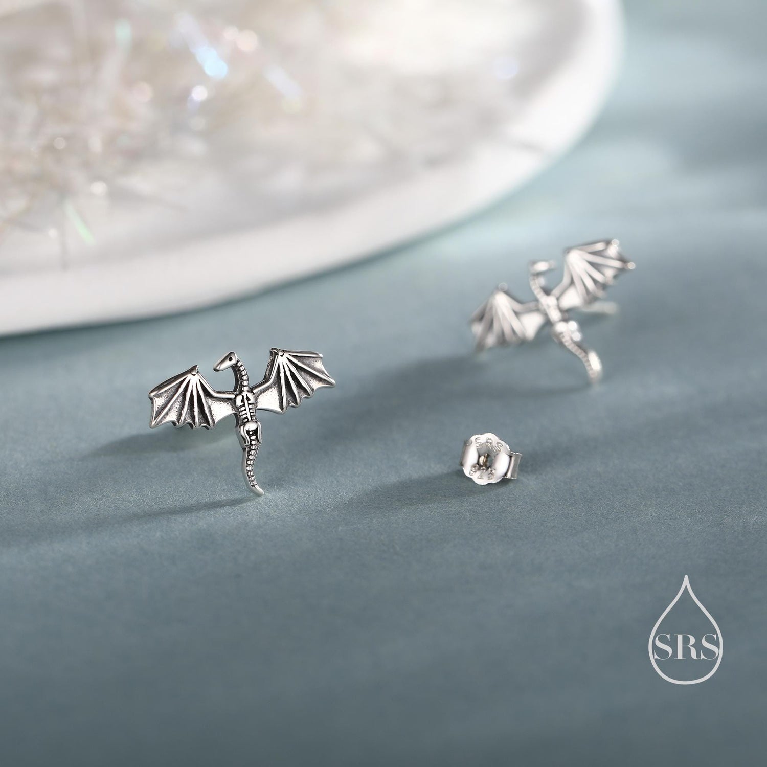 Dragon Skeleton Stud Earrings in Sterling Silver, Oxidised Finish Dragon Skeleton Earrings, Dainty and Tiny Earrings